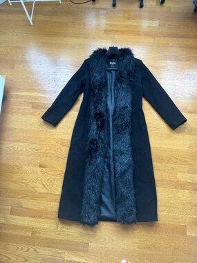 Vintage Riki Nathan Black Longline Wool Coat with Faux Fur Trim — Size AUS12